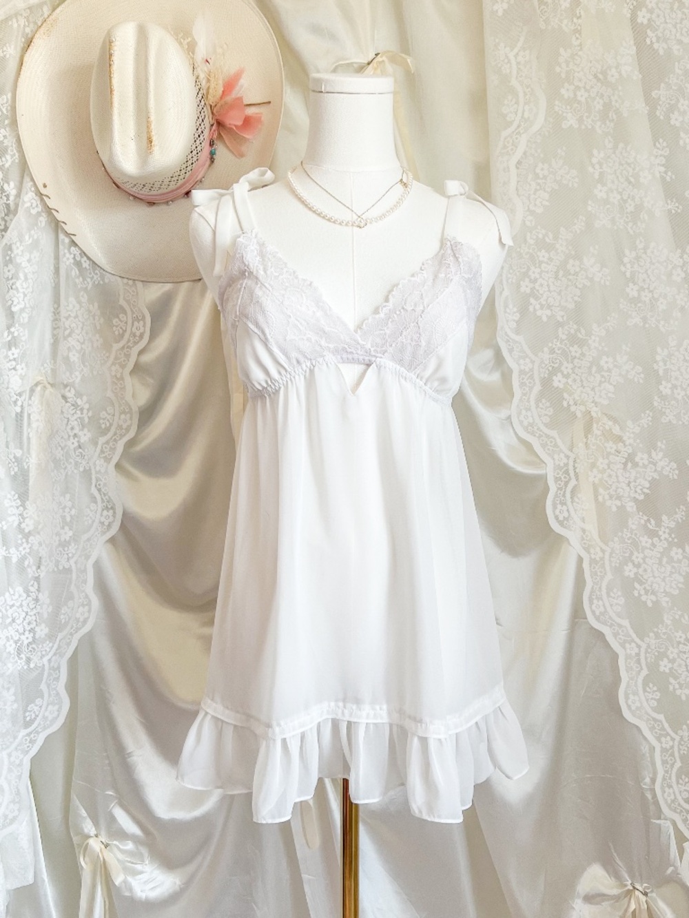 White Lace Babydoll Fairy Coquette Tie Strap Mini Dress
